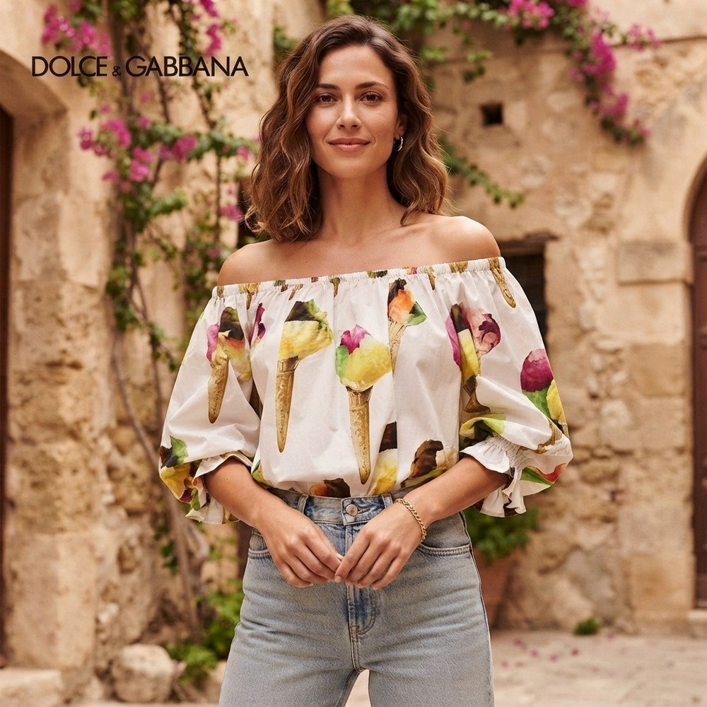 Dolce & Gabbana Blouse Womens 42 White Excellent Gelato Print Off-Shoulder Top